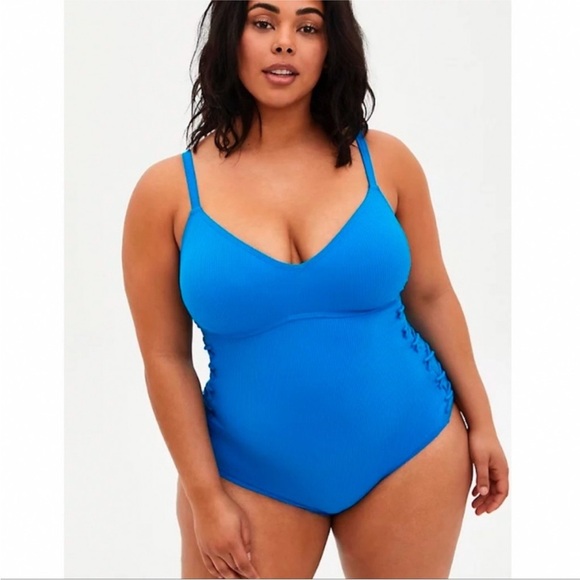 Torrid Vibrant Blue Ribbed Lace Up Side One-Piece Swimsuit Size 1 / 1X / 14-16 - Picture 1 of 6